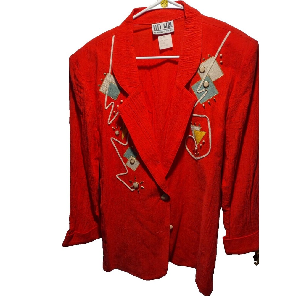 Vintage City Girl Nancy Bolen‎ Red Geometric Embroidered Studded Blazer Medium